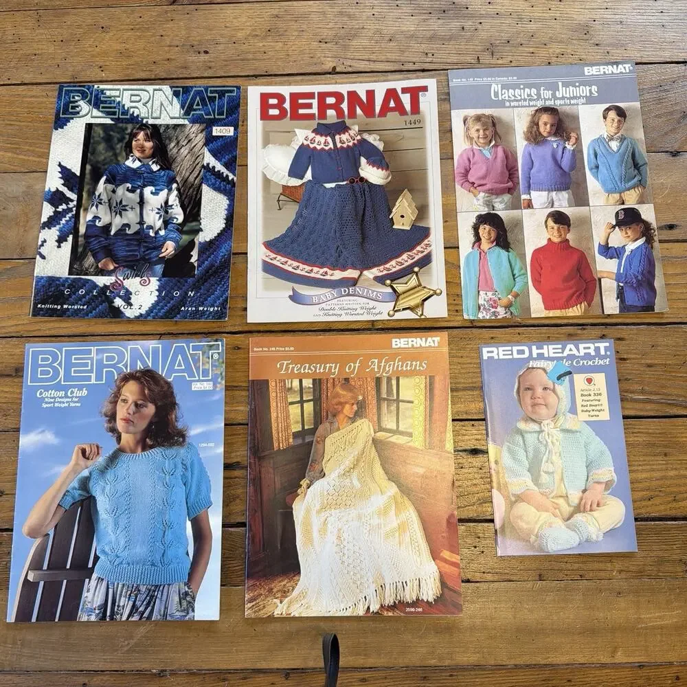 Vintage Knitting Crochet Pattern Lot Bernat Red Heart Afghan Baby Sweater 80s 90